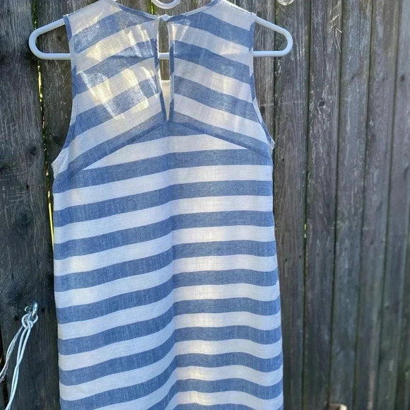 MONTEAU L Dress 100% Cotton Blue Ivory Striped Swing Shift Summer Woven Lined S - Picture 4 of 8